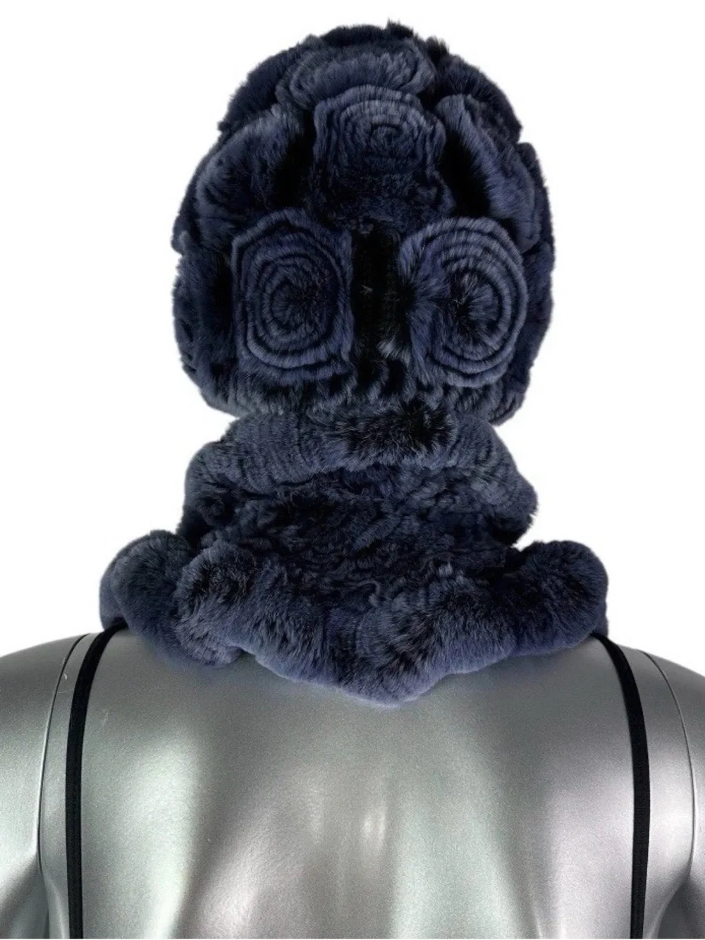 Blue REX RABBIT Hat & Scarf w/Rosettes,Sz 21”-23” Stretch, Certified Vintage Fur